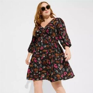 Torrid Black Floral Mini Rayon Slub Dress